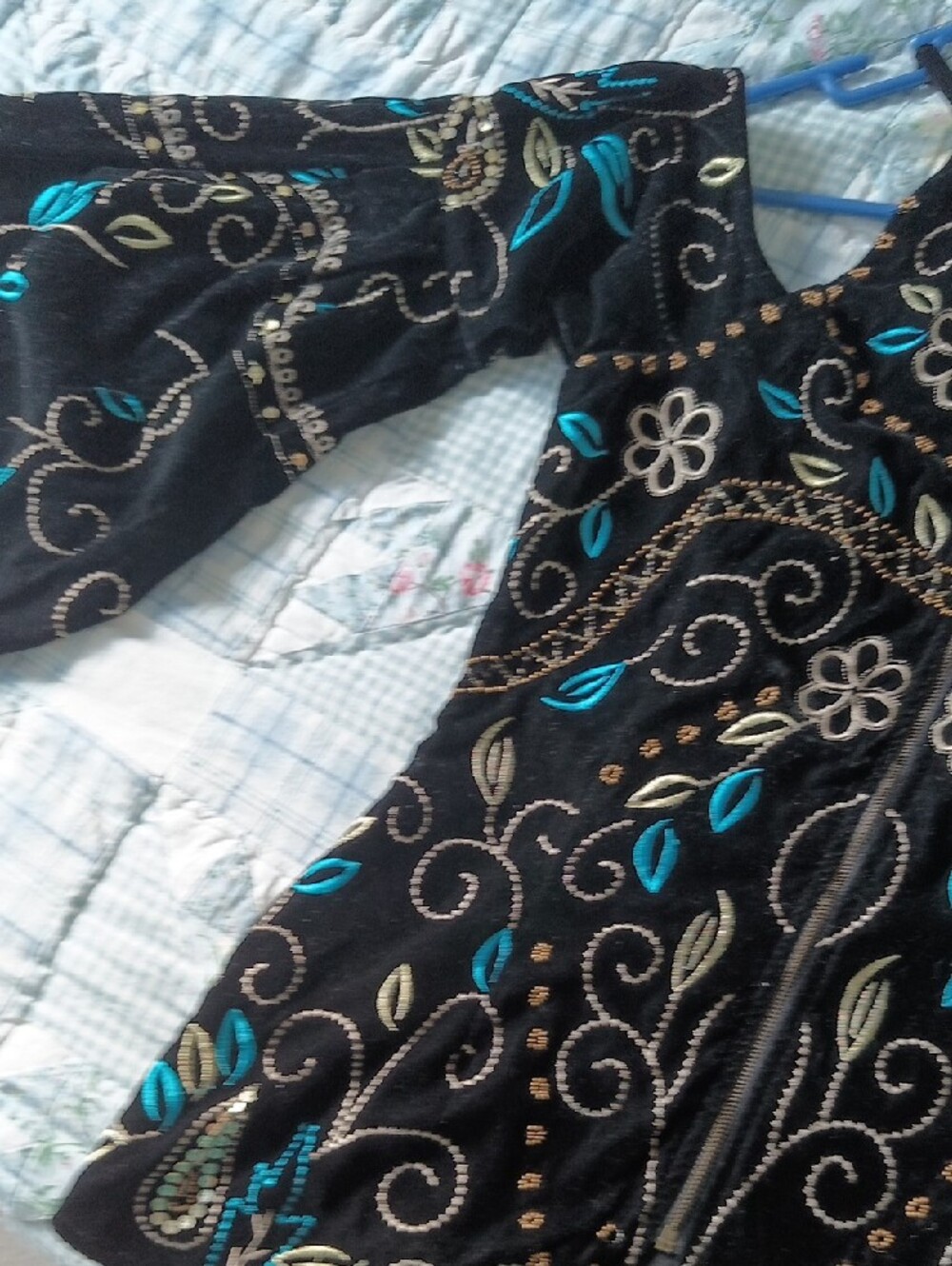 Black Embroidered Velvet Tunic Top with Teal Accents - Picture 10 of 11